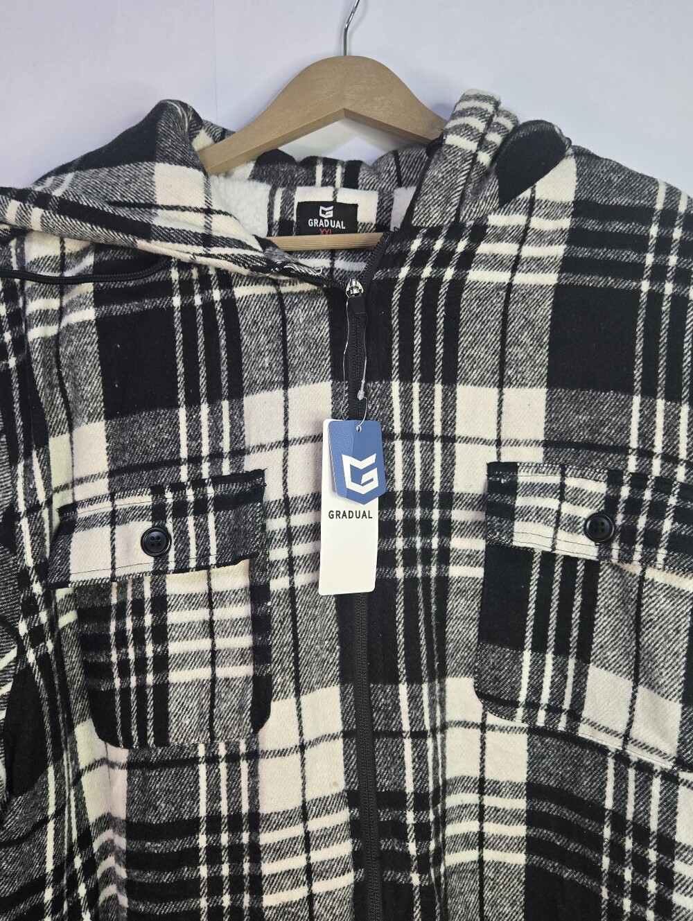 G Gradual Men Size XXL Hooded Zip Up B&W Plaid Flannel Sherpa Lined Jacket, NWT - Picture 5 of 10